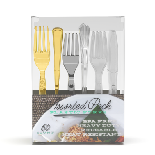 Plastic Forks - Heavy Duty Gold, Silver, and Clear Plastic Forks. Assorted Sturdy Dessert, Appetizer and Cocktail Dining Forks. Premium Large Bulk Count Party Utensils