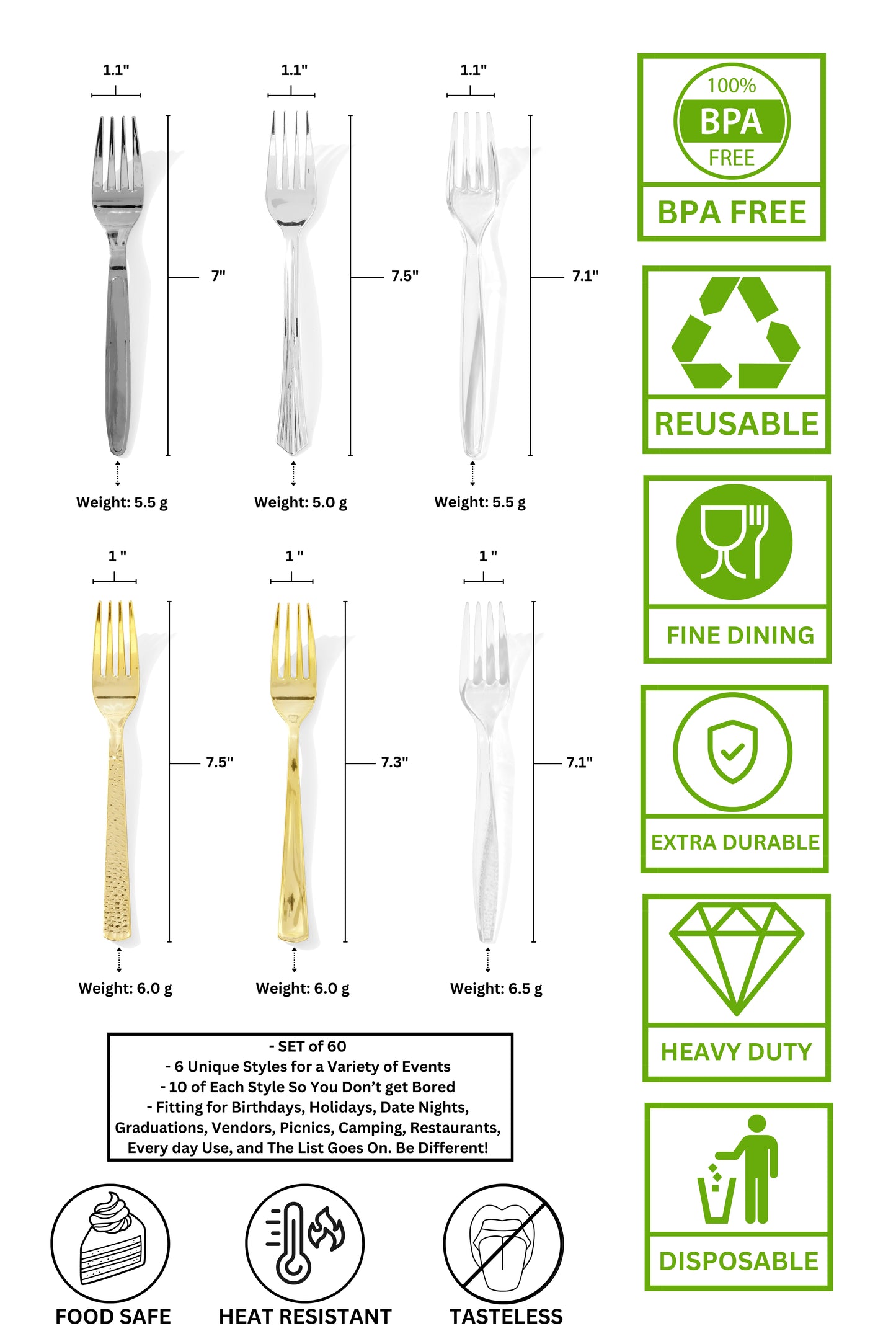 Plastic Forks - Heavy Duty Gold, Silver, and Clear Plastic Forks. Assorted Sturdy Dessert, Appetizer and Cocktail Dining Forks. Premium Large Bulk Count Party Utensils