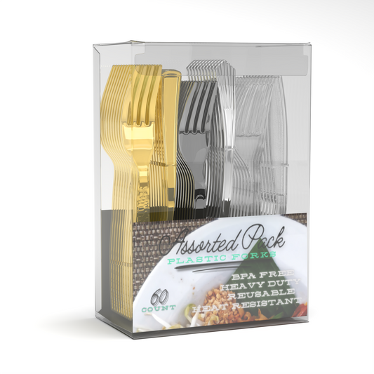 Plastic Forks - Heavy Duty Gold, Silver, and Clear Plastic Forks. Assorted Sturdy Dessert, Appetizer and Cocktail Dining Forks. Premium Large Bulk Count Party Utensils